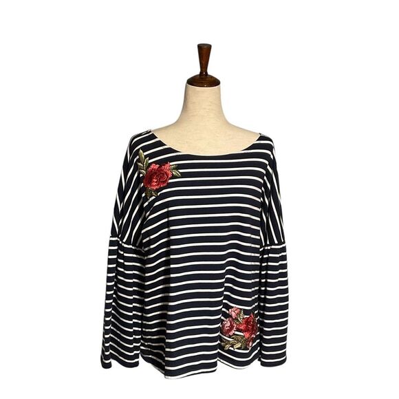 Black & White Striped Floral Embroidered Top XL - Picture 2 of 13